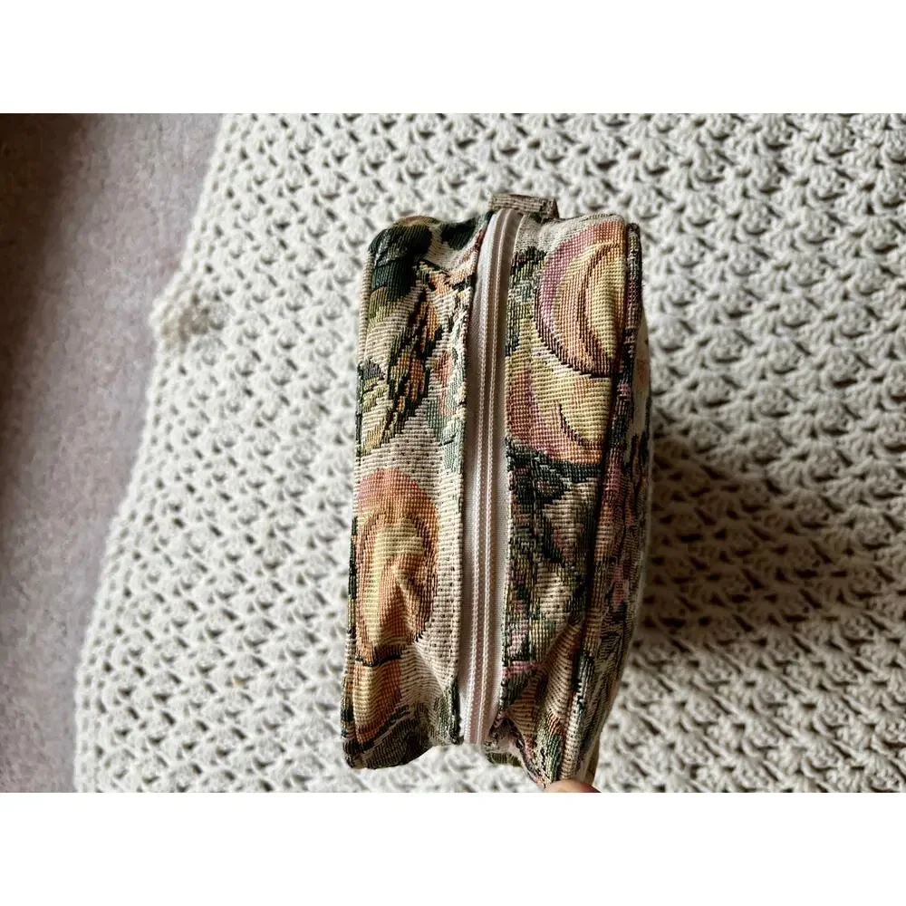 Vintage 90s Needlepoint Toiletry Bag Fruit Print Neutral Cottagecore